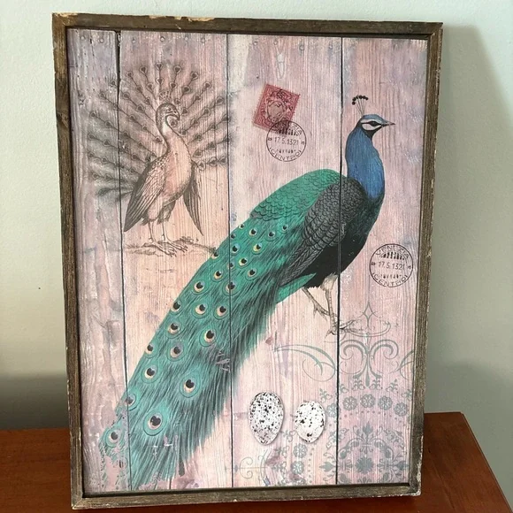Rustic Peacock Wall Art Framed Wood Plaque Farmhouse Decor - Picture 2 of 5
